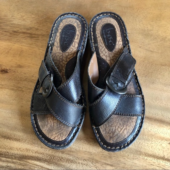 Womens Dark Brown B.O.C. By Born Leather Cross Strap Slide Sandals Shoes 8 EUR39 - Picture 2 of 14